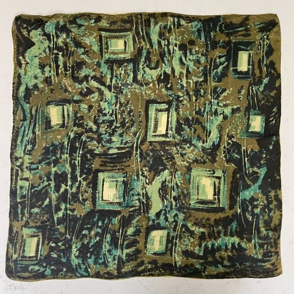 Fall Winter Abstract Print Large Square Scarf w Rolled Edges Green Blk  no tags - Picture 3 of 7